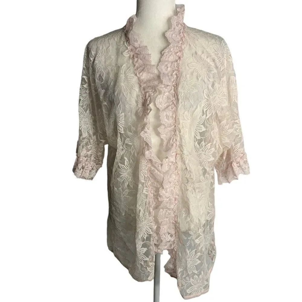 Vintage Floras Follies Lace Robe Bed Jacket S Pink Floral Open Front Ruffles
